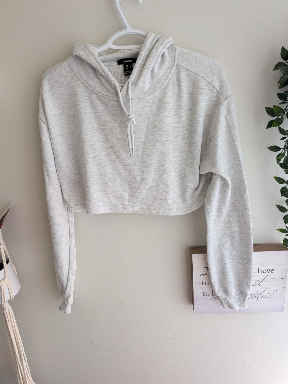 Forever 21 Light Gray Cropped Hoodie with Drawstring